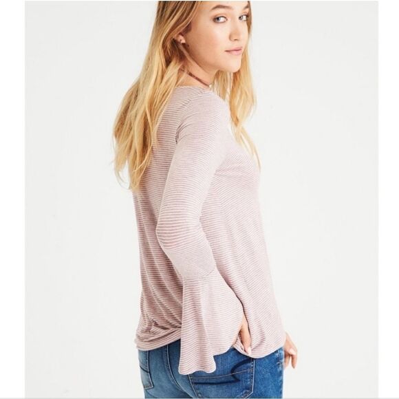 American Eagle Outfitters Soft & Sexy Long Bell Sleeve V-Neck Mini Stripe Top - Picture 2 of 11